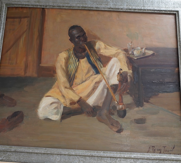 Jean-Rémy Tawil (20th. C), oil on board, Interior scene with figure smoking, signed and indistinctly dated 1987?, 39 x 49cm. Condition - good